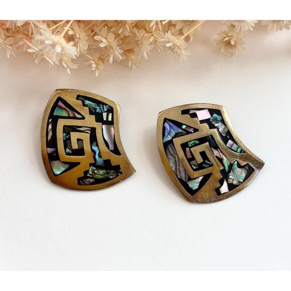 Modernist Sterling Silver Vermeil Taxco Mexican Abalone Vintage Clip On Earrings - Picture 1 of 10